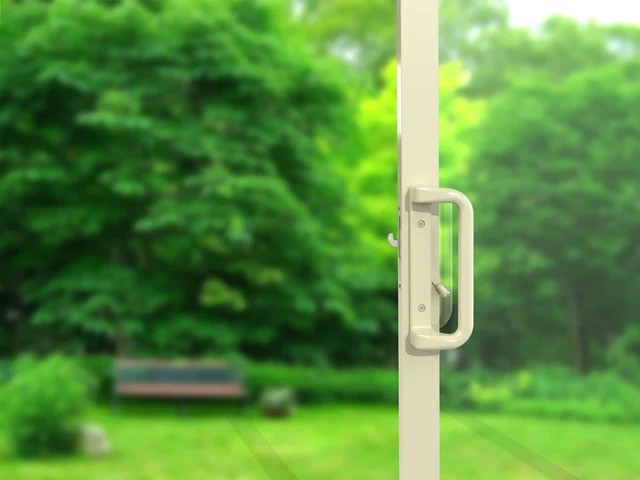 Alt view image 6 of 7 - Beige Sliding Glass Door Handle Set with Lock and Key Fits 3-15/16 in screw holes; keyed mortise lock, reversible, for 1.25 to 2.25 in doors