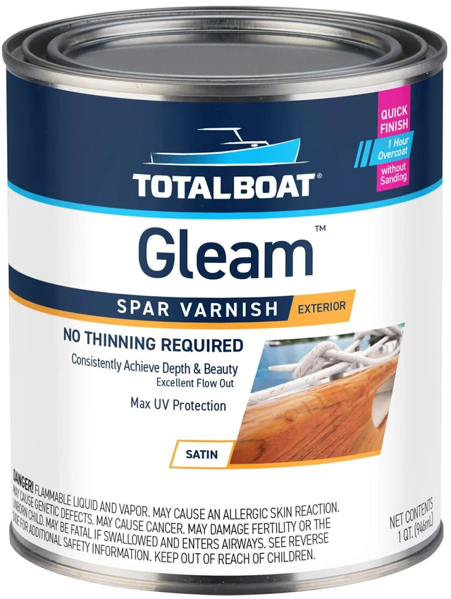 Main image of Gleam Marine Spar Varnish for Boats & Outdoor Wood - Satin Quart Oil-Based Polyurethane Finish; No Thinning; UV Inhibitors; Wooden Boats, Yacht Brightwork, Furniture & Interior/Exterior Wood