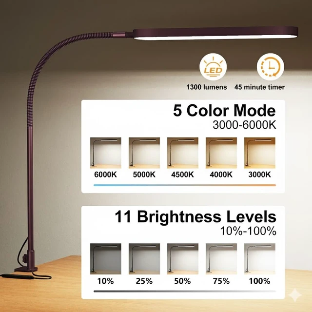 Alt view image 2 of 7 - LED Desk Lamp - Desk Light for Home Office - Flexible Gooseneck - 5 Color Modes X 11 Brightness Levels - 1300LM - Timmer & Memory Function - 12W Clip on Light - Red