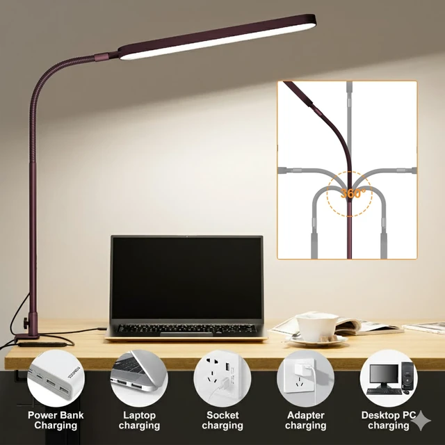 Alt view image 4 of 7 - LED Desk Lamp - Desk Light for Home Office - Flexible Gooseneck - 5 Color Modes X 11 Brightness Levels - 1300LM - Timmer & Memory Function - 12W Clip on Light - Red