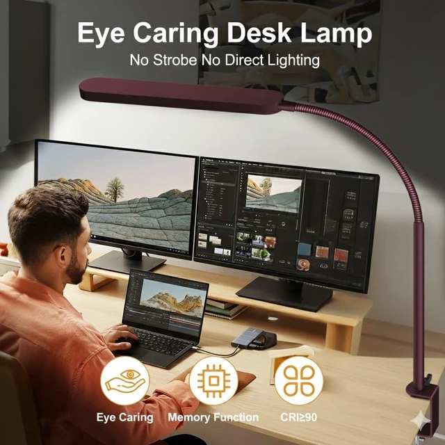 Alt view image 5 of 7 - LED Desk Lamp - Desk Light for Home Office - Flexible Gooseneck - 5 Color Modes X 11 Brightness Levels - 1300LM - Timmer & Memory Function - 12W Clip on Light - Red