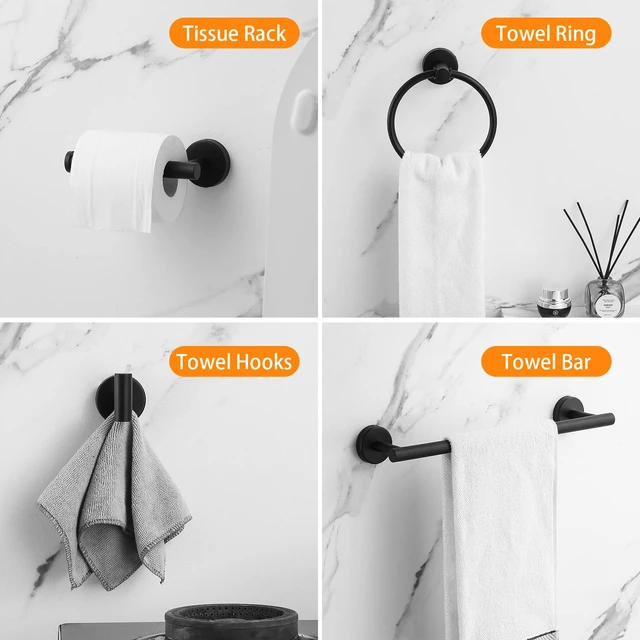 Alt view image 2 of 6 - Bathroom Hardware Set Black 10 Pieces, Towel Bar Set Matte Black Stainless Steel Towel Rack Set Includes 2PCS 16'' Towel bar, 4PCS Towel Hooks, 2PCS Toilet Paper Holder and 2PCS Towel Ring