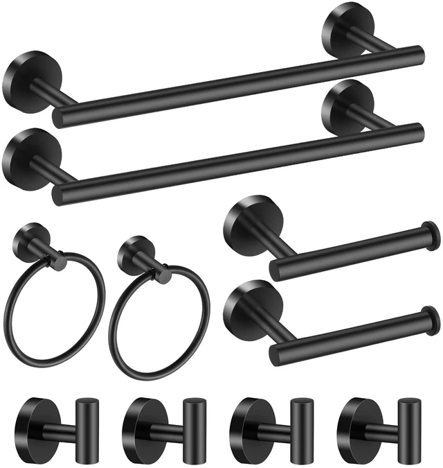 Main image of Bathroom Hardware Set Black 10 Pieces, Towel Bar Set Matte Black Stainless Steel Towel Rack Set Includes 2PCS 16'' Towel bar, 4PCS Towel Hooks, 2PCS Toilet Paper Holder and 2PCS Towel Ring