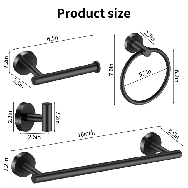 Alt view image 4 of 6 - Bathroom Hardware Set Black 10 Pieces, Towel Bar Set Matte Black Stainless Steel Towel Rack Set Includes 2PCS 16'' Towel bar, 4PCS Towel Hooks, 2PCS Toilet Paper Holder and 2PCS Towel Ring