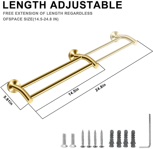Alt view image 2 of 7 - Gold Telescopic Double Towel Bar Wall Mount 14.5-24.8Inch Rustproof Towel Rack with Widened Spacing, Scratch-resistant & Durable for Bathroom Kitchen RV