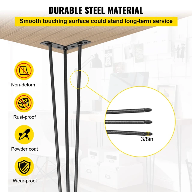 Alt view image 4 of 7 - Hairpin Table Legs 28" Black Set of 4 Desk Legs 880lbs Load Capacity (Each 220lbs) Hairpin Desk Legs 3 Rods for Bench Desk Dining End Table Chairs Carbon Steel DIY Heavy Duty Furniture Legs