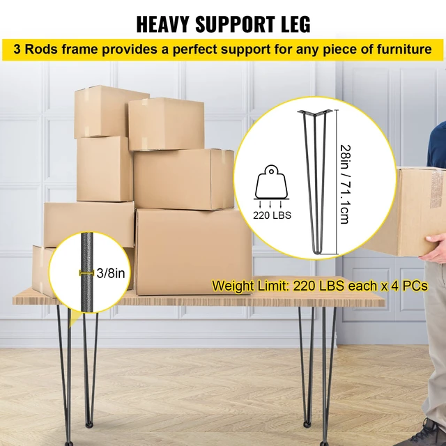 Alt view image 3 of 7 - Hairpin Table Legs 28" Black Set of 4 Desk Legs 880lbs Load Capacity (Each 220lbs) Hairpin Desk Legs 3 Rods for Bench Desk Dining End Table Chairs Carbon Steel DIY Heavy Duty Furniture Legs