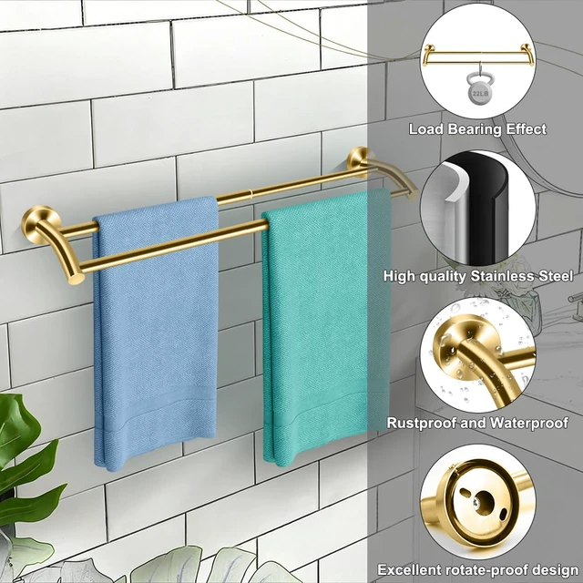 Alt view image 3 of 7 - Gold Telescopic Double Towel Bar Wall Mount 14.5-24.8Inch Rustproof Towel Rack with Widened Spacing, Scratch-resistant & Durable for Bathroom Kitchen RV