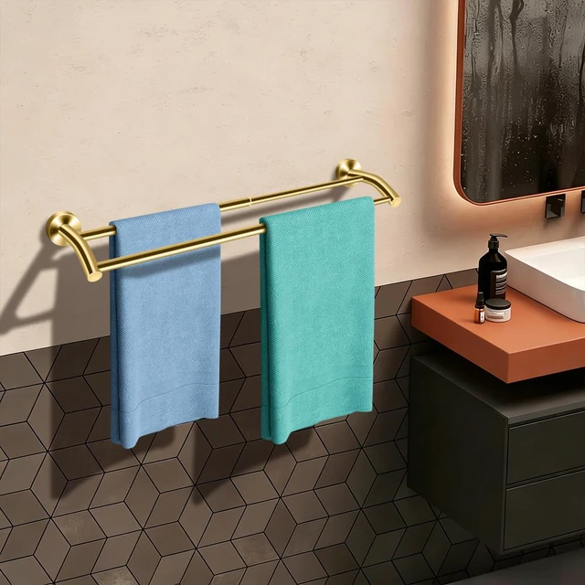 Alt view image 5 of 7 - Gold Telescopic Double Towel Bar Wall Mount 14.5-24.8Inch Rustproof Towel Rack with Widened Spacing, Scratch-resistant & Durable for Bathroom Kitchen RV
