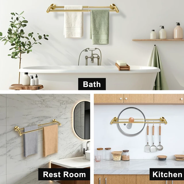 Alt view image 7 of 7 - Gold Telescopic Double Towel Bar Wall Mount 14.5-24.8Inch Rustproof Towel Rack with Widened Spacing, Scratch-resistant & Durable for Bathroom Kitchen RV