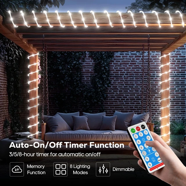 Alt view image 4 of 7 - Solar Rope Lights Outdoor, 132FT 400 LED (Cool White- 2Pack) Type C & Solar, With Remote, IP67 Waterproof, 8 Modes, for Outdoor Patio Porch Tree Wedding Christmas Pool Garden Decorative