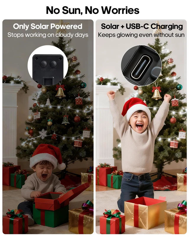 Alt view image 6 of 7 - Solar Rope Lights Outdoor, 132FT 400 LED (Cool White- 2Pack) Type C & Solar, With Remote, IP67 Waterproof, 8 Modes, for Outdoor Patio Porch Tree Wedding Christmas Pool Garden Decorative