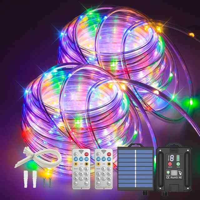 Main image of Solar Rope Lights Outdoor, 132FT 400 LED (Multi-Colored- 2Pack) Type C & Solar, With Remote, IP67 Waterproof, 8 Modes, for Trampoline Camping Tent Patio Porch Garden Christmas