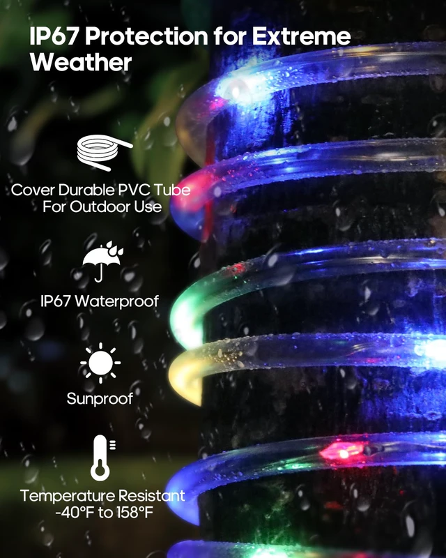 Alt view image 5 of 7 - Solar Rope Lights Outdoor, 132FT 400 LED (Multi-Colored- 2Pack) Type C & Solar, With Remote, IP67 Waterproof, 8 Modes, for Trampoline Camping Tent Patio Porch Garden Christmas