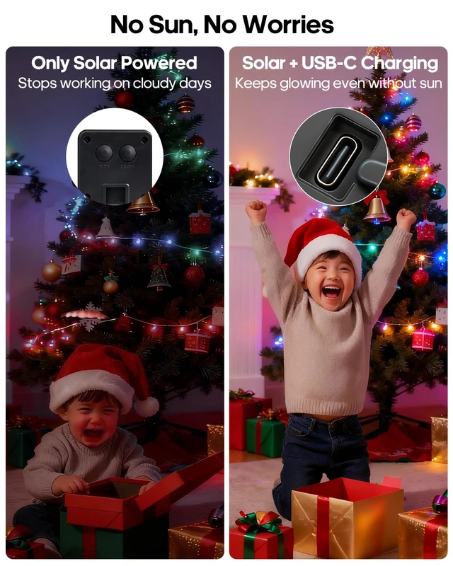 Alt view image 6 of 7 - Solar Rope Lights Outdoor, 132FT 400 LED (Multi-Colored- 2Pack) Type C & Solar, With Remote, IP67 Waterproof, 8 Modes, for Trampoline Camping Tent Patio Porch Garden Christmas