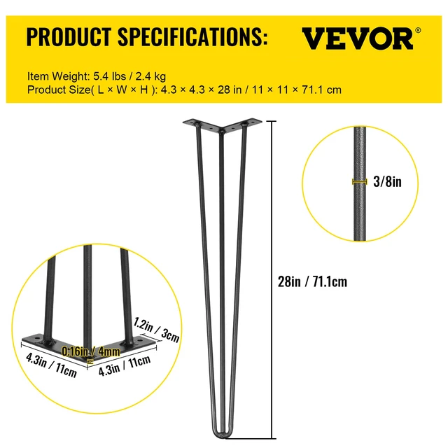 Alt view image 7 of 7 - Hairpin Table Legs 28" Black Set of 4 Desk Legs 880lbs Load Capacity (Each 220lbs) Hairpin Desk Legs 3 Rods for Bench Desk Dining End Table Chairs Carbon Steel DIY Heavy Duty Furniture Legs