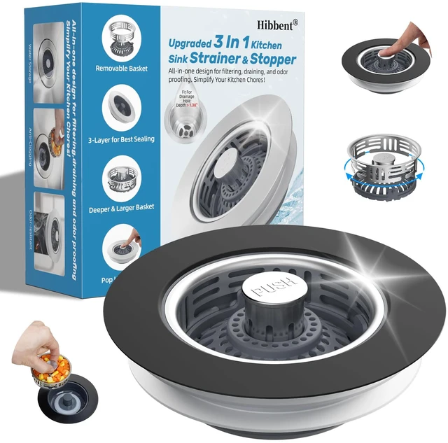 Main image of 3 in 1 Kitchen Sink Drain Strainer, Stainless Steel Pop Up Stopper Larger & Deeper Anti-Clogging Basket, 3-Layer Seal, Detachable Sink Drain Plug for US Standard 3-1/2" Drain, Matte Black