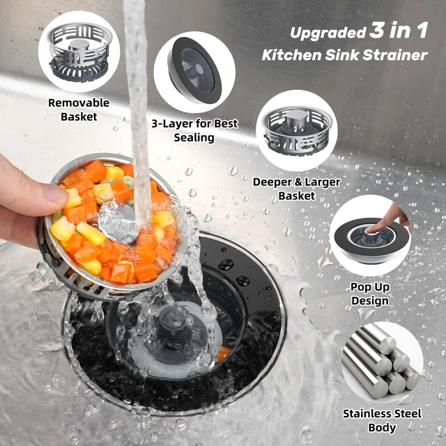 Alt view image 2 of 7 - 3 in 1 Kitchen Sink Drain Strainer, Stainless Steel Pop Up Stopper Larger & Deeper Anti-Clogging Basket, 3-Layer Seal, Detachable Sink Drain Plug for US Standard 3-1/2" Drain, Matte Black
