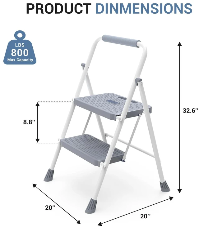 Alt view image 2 of 7 - 2 Step Ladder, Sturdy Step Stool with Anti-Slip Pedal & Comfortable Handrail, Portable Heavy Duty Stool for Kitchen, Garage & Outdoor, 800lbs, Grey