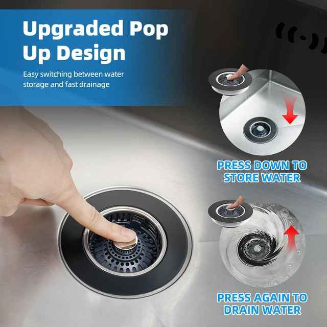 Alt view image 5 of 7 - 3 in 1 Kitchen Sink Drain Strainer, Stainless Steel Pop Up Stopper Larger & Deeper Anti-Clogging Basket, 3-Layer Seal, Detachable Sink Drain Plug for US Standard 3-1/2" Drain, Matte Black