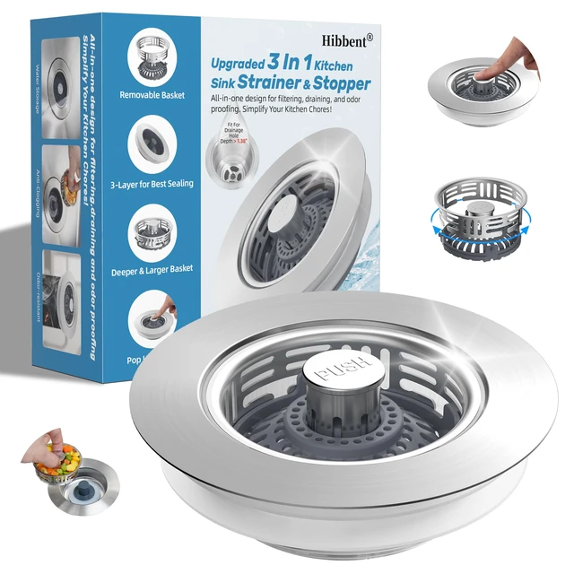 Main image of Metal Kitchen Sink Drain Strainer and Stopper, Transparent Upgraded Universal 3 in 1 Pop Up Design, Detachable Larger Anti-Clog Basket, 3-Layer Seal Plug for Standard 3-1/2" Drain