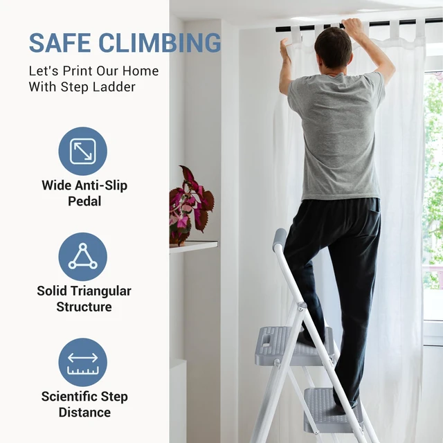 Alt view image 7 of 7 - 2 Step Ladder, Sturdy Step Stool with Anti-Slip Pedal & Comfortable Handrail, Portable Heavy Duty Stool for Kitchen, Garage & Outdoor, 800lbs, Grey