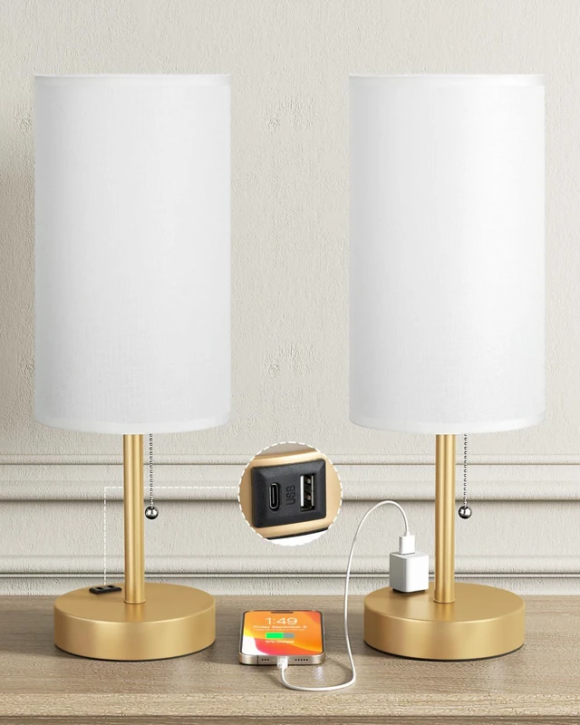 Main image of 17.4" Gold Bedside Table Lamps Set of 2 - Bedroom Lamp, USB C+A, AC Outlet 3CCT(3000/4000/5000K), LED Bulbs Included, White Fabric Lampshade, 17.4in Large Lamp for Nightstand, Living Room, Dorm, Desk