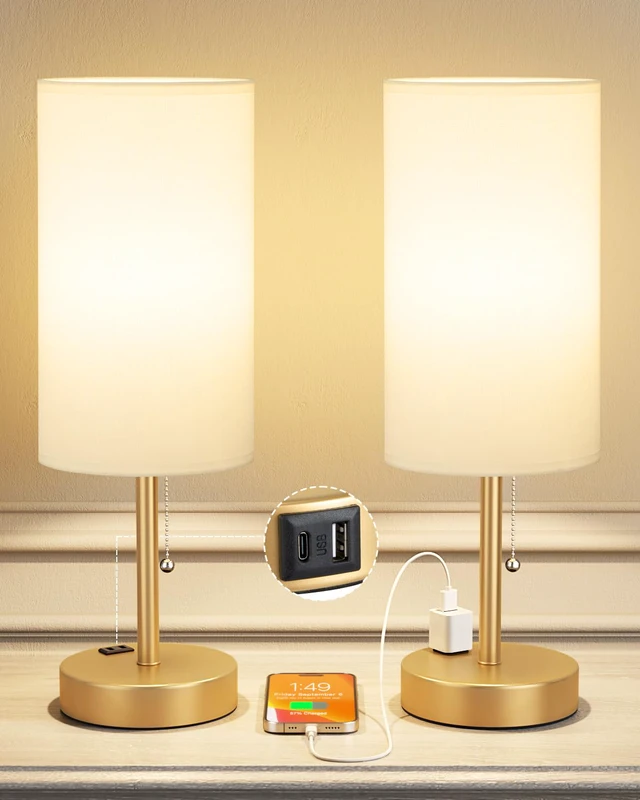 Alt view image 2 of 7 - 17.4" Gold Bedside Table Lamps Set of 2 - Bedroom Lamp, USB C+A, AC Outlet 3CCT(3000/4000/5000K), LED Bulbs Included, White Fabric Lampshade, 17.4in Large Lamp for Nightstand, Living Room, Dorm, Desk