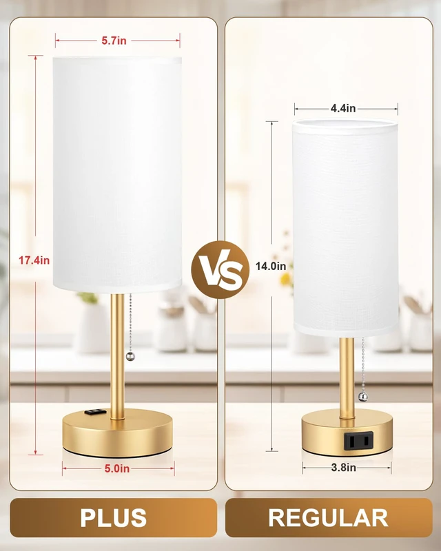 Alt view image 3 of 7 - 17.4" Gold Bedside Table Lamps Set of 2 - Bedroom Lamp, USB C+A, AC Outlet 3CCT(3000/4000/5000K), LED Bulbs Included, White Fabric Lampshade, 17.4in Large Lamp for Nightstand, Living Room, Dorm, Desk