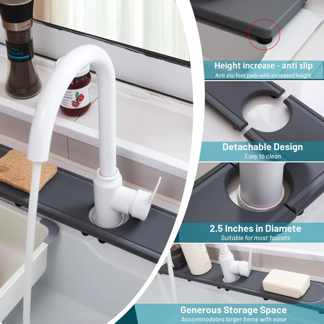 Alt view image 2 of 7 - Faucet Mat for Kitchen Sink with Raised Feet, Fast Drying Diatomite Stone Sink Tray, Water Absorbent Faucet & Sink Splash Guard, Prevents Moisture Buildup, Durable Protector for Bathroom Counter