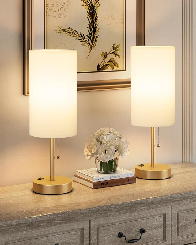 Alt view image 5 of 7 - 17.4" Gold Bedside Table Lamps Set of 2 - Bedroom Lamp, USB C+A, AC Outlet 3CCT(3000/4000/5000K), LED Bulbs Included, White Fabric Lampshade, 17.4in Large Lamp for Nightstand, Living Room, Dorm, Desk