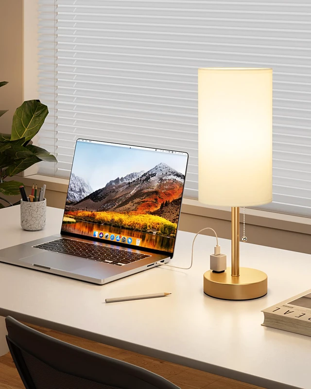 Alt view image 6 of 7 - 17.4" Gold Bedside Table Lamps Set of 2 - Bedroom Lamp, USB C+A, AC Outlet 3CCT(3000/4000/5000K), LED Bulbs Included, White Fabric Lampshade, 17.4in Large Lamp for Nightstand, Living Room, Dorm, Desk