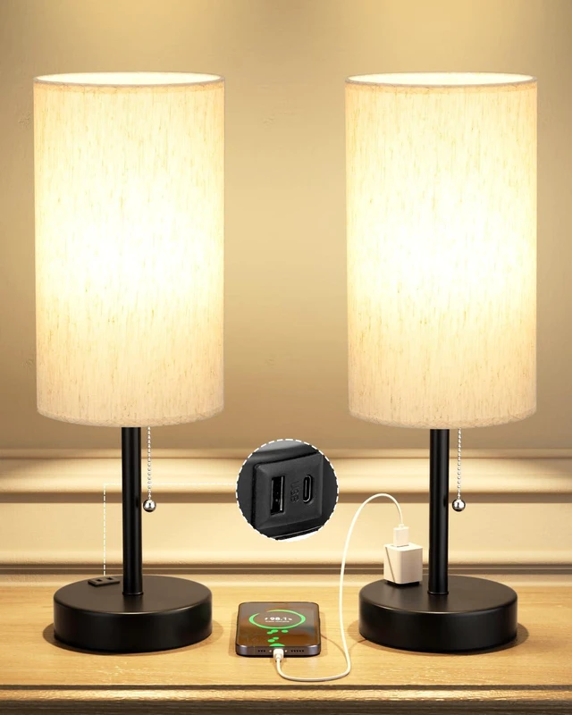 Main image of 17.4" Cream Bedside Table Lamps Set of 2 - Bedroom Lamp, USB C+A, AC Outlet 3CCT(3000/4000/5000K), LED Bulbs Included, Cream Fabric Lampshade, 17.4in Large Lamp for Nightstand, Living Room, Dorm, Desk