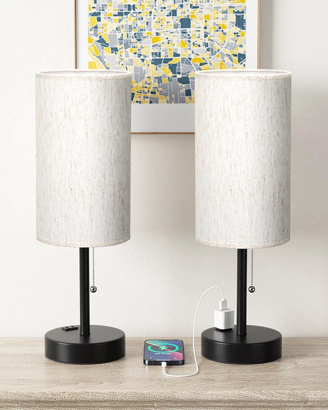 Alt view image 5 of 7 - 17.4" Cream Bedside Table Lamps Set of 2 - Bedroom Lamp, USB C+A, AC Outlet 3CCT(3000/4000/5000K), LED Bulbs Included, Cream Fabric Lampshade, 17.4in Large Lamp for Nightstand, Living Room, Dorm, Desk