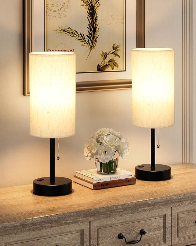 Alt view image 4 of 7 - 17.4" Cream Bedside Table Lamps Set of 2 - Bedroom Lamp, USB C+A, AC Outlet 3CCT(3000/4000/5000K), LED Bulbs Included, Cream Fabric Lampshade, 17.4in Large Lamp for Nightstand, Living Room, Dorm, Desk