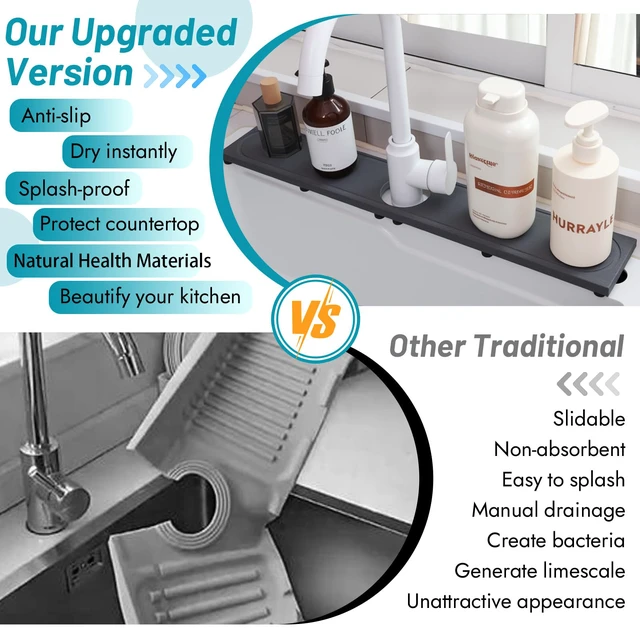 Alt view image 5 of 7 - Faucet Mat for Kitchen Sink with Raised Feet, Fast Drying Diatomite Stone Sink Tray, Water Absorbent Faucet & Sink Splash Guard, Prevents Moisture Buildup, Durable Protector for Bathroom Counter