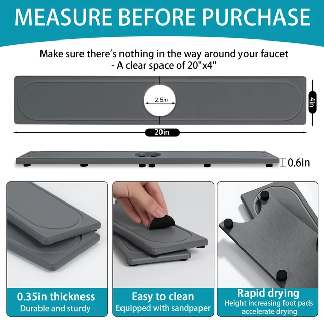 Alt view image 6 of 7 - Faucet Mat for Kitchen Sink with Raised Feet, Fast Drying Diatomite Stone Sink Tray, Water Absorbent Faucet & Sink Splash Guard, Prevents Moisture Buildup, Durable Protector for Bathroom Counter