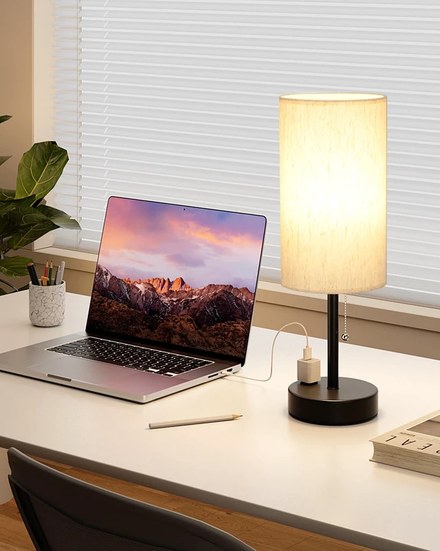 Alt view image 7 of 7 - 17.4" Cream Bedside Table Lamps Set of 2 - Bedroom Lamp, USB C+A, AC Outlet 3CCT(3000/4000/5000K), LED Bulbs Included, Cream Fabric Lampshade, 17.4in Large Lamp for Nightstand, Living Room, Dorm, Desk