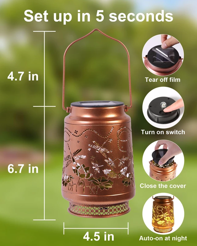 Alt view image 6 of 7 - 2 Pack Dragonfly Solar Lanterns Outdoor Waterproof, Garden Decor Birthday Gifts for Women Mom Grandma Sister, Metal Hanging Solar Lights Outside Decorative for Backyard Patio Lawn Pathway Landscape