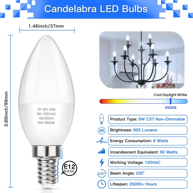 Alt view image 2 of 7 - LED E12 Candelabra Light Bulbs 60W Equivalent, 6W B11 Candle Base, 600 Lumen Chandelier Bulb, Cool Daylight White 6500K, Non-Dimmable, Pack of 6