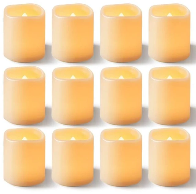 Main image of 100 Pack Ivory Flameless Flickering LED Votive Tealights Candles Battery operated, 200+ hours runtime, amber yellow glow, 1.5"D x 1.6"H, for wedding, halloween & thanksgiving decor