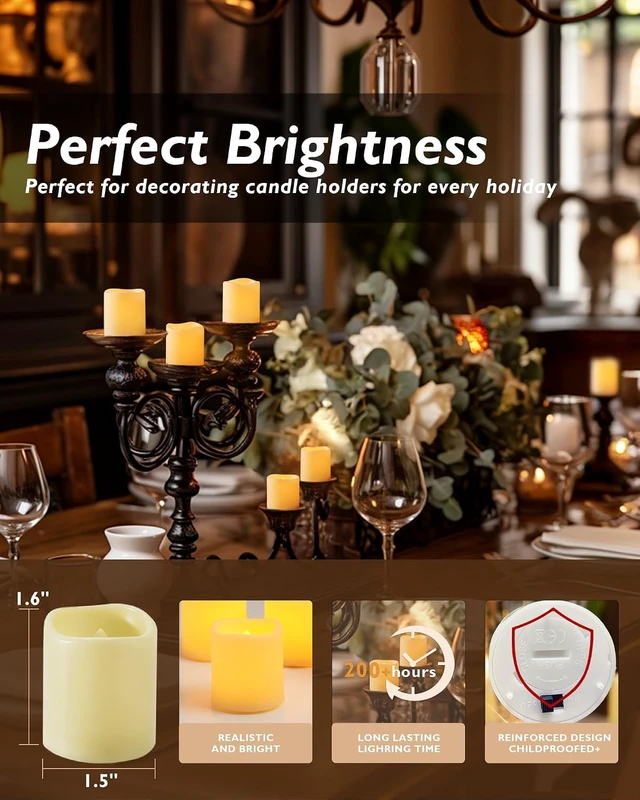 Alt view image 5 of 6 - 100 Pack Ivory Flameless Flickering LED Votive Tealights Candles Battery operated, 200+ hours runtime, amber yellow glow, 1.5"D x 1.6"H, for wedding, halloween & thanksgiving decor