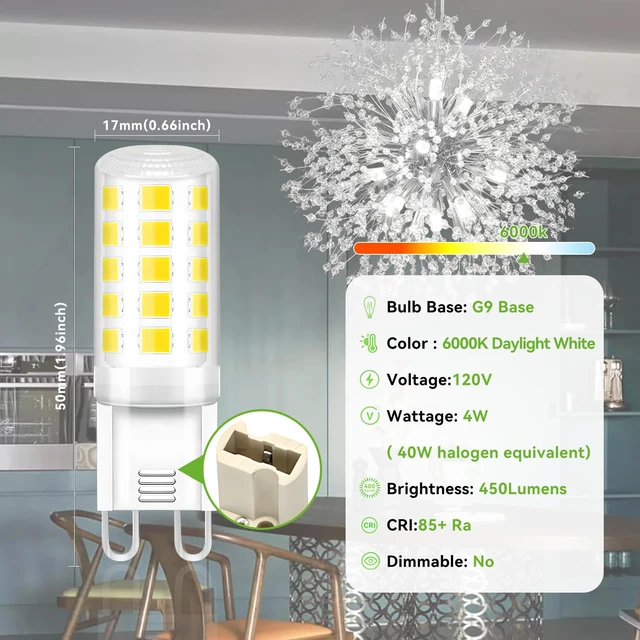Alt view image 2 of 7 - 24 Pack G9 LED Bulb 4W, 40 Watt Equivalent Halogen Bulb,6000K Daylight Chandelier Light Bulbs, T4 G9 Bi-pin Base for Crystal Chandelier Home Lighting, 360 Degree Angle, 120V, Non-dimmable
