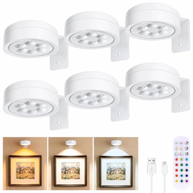 Main image of 6-Pack Picture Lights for Wall, Rechargeable Wireless Poster Lights, White Magnetic Painting Lights with 3CCT&12RGB, LED Art Display Light with Remote(DimmableTimer) for Frame Gallery Wall Decor