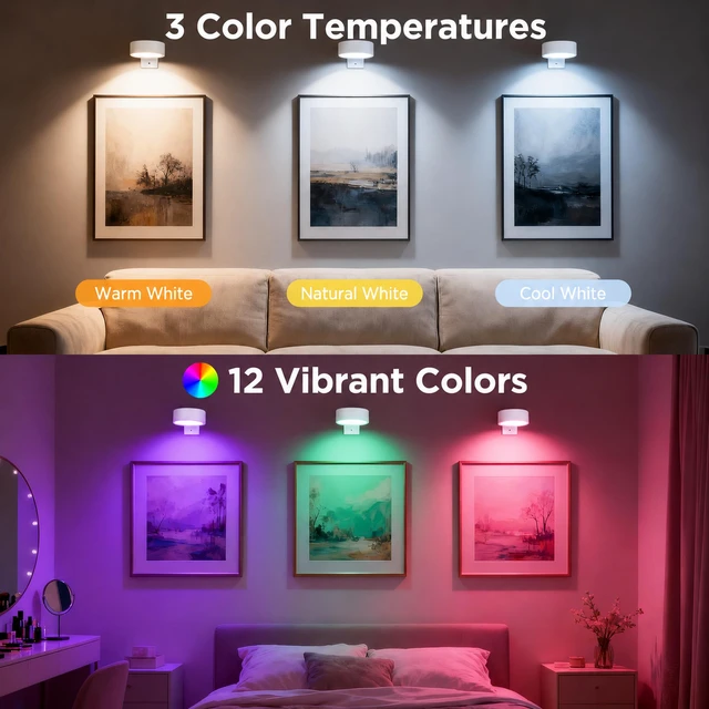 Alt view image 2 of 7 - 6-Pack Picture Lights for Wall, Rechargeable Wireless Poster Lights, White Magnetic Painting Lights with 3CCT&12RGB, LED Art Display Light with Remote(DimmableTimer) for Frame Gallery Wall Decor