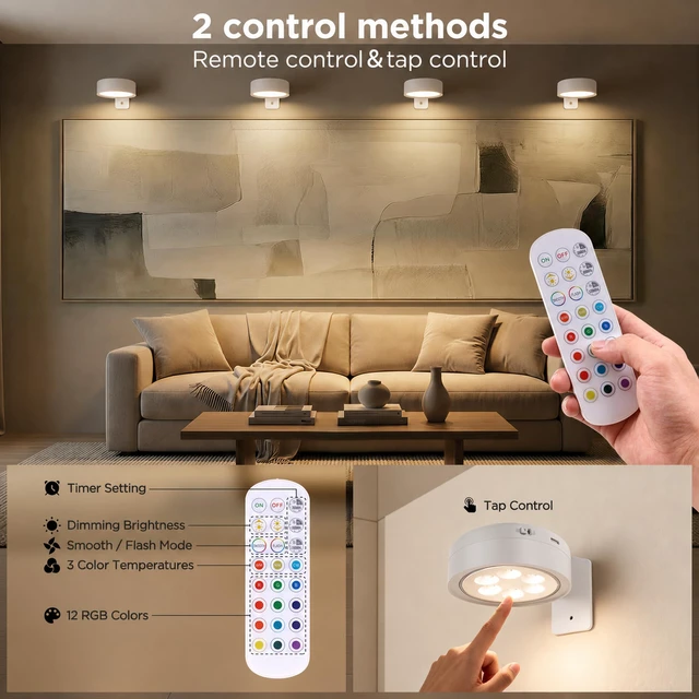 Alt view image 5 of 7 - 6-Pack Picture Lights for Wall, Rechargeable Wireless Poster Lights, White Magnetic Painting Lights with 3CCT&12RGB, LED Art Display Light with Remote(DimmableTimer) for Frame Gallery Wall Decor