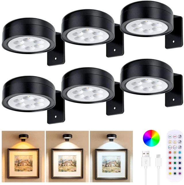 Main image of 6-Pack Picture Lights for Wall, Rechargeable Wireless Poster Lights, Black Magnetic Painting Lights with 3CCT&12RGB, LED Art Display Light with Remote(DimmableTimer) for Frame Gallery Wall Decor