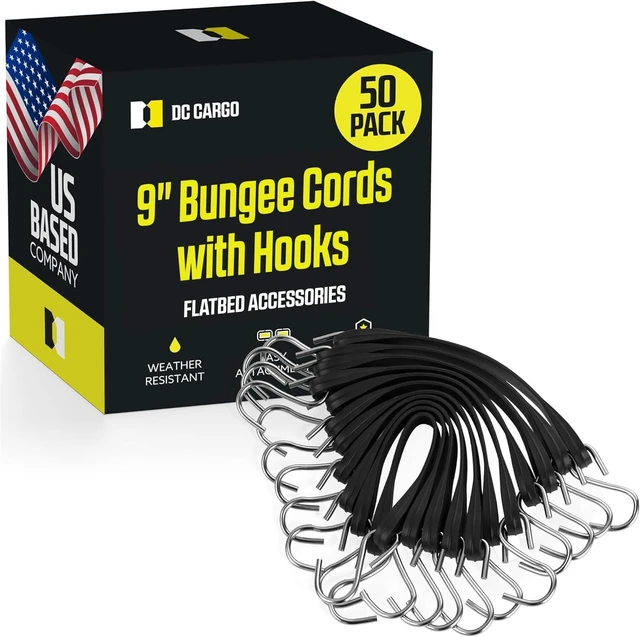 Main image of Pack of 50 Tarp Straps for Flatbed Trailers, 9" Long Natural Rubber Bungee Cord Tie-Downs Ideal for Securing Tarps, Canvases, Cargo in Cold Climates | Tie-Downs w/ Metal S-Hooks