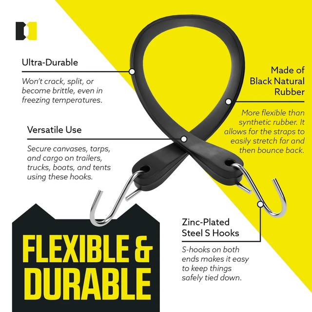 Alt view image 3 of 7 - Pack of 50 Tarp Straps for Flatbed Trailers, 9" Long Natural Rubber Bungee Cord Tie-Downs Ideal for Securing Tarps, Canvases, Cargo in Cold Climates | Tie-Downs w/ Metal S-Hooks