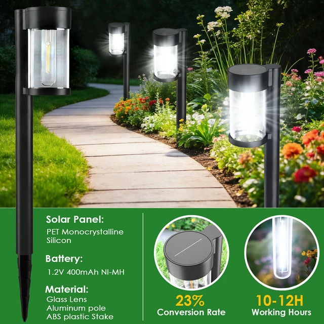 Alt view image 2 of 7 - Solar Pathway Lights Outdoor, 10 Pack Metal & Glass Solar Lights Outdoor Waterproof Landscape Path Lights, Cool White